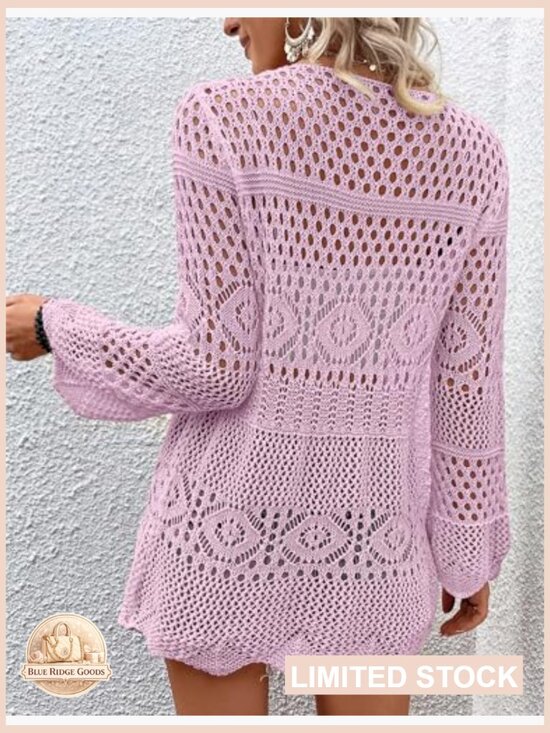 Crochet Cardigan Lightweight Long Sleeve Tie Front Boho Beach Coverup - Picture 3 of 4